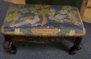 Vintage Carved Folk Art Footstool Needlepoint Birds Belgium - Picture 1 of 24