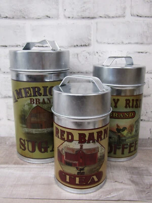 Set/3 New Tin Food Safe Old Barn Americana Canisters Sugar Coffee Tea - Image 1 of 4