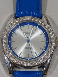 Manhattan by Croton Silvertone Dial Crystal Accent Round Case Blue Leather Watch - Picture 1 of 9