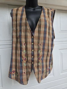 Vintage Cabin Creek Tan Plaid Embroidered Vest Sz XL True To Size Paisley  - Picture 1 of 9