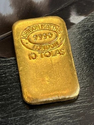 Barra de oro fundido Johnson Matthey London vintage de 10 tolas de 3,75 oz .999 fina Foto 1 de 4