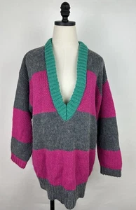 Vintage 90s Sweater Womens Large Fuzzy Knit Color Block Stripe Deep V-neck Gray - Picture 1 of 13