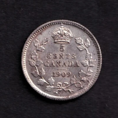Canada 1909 5c Five Cent Silver Coin King Edward VII AU Maple Leaves .925 Silver - Image 1 of 2