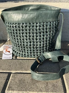 Ashwood NWT Dark Green Braided Leather Cinch Sack Bucket Bag Purse Shoulder - Picture 1 of 11