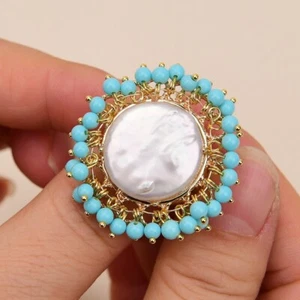 Natural White Coin Pearl Blue Turquoise Finger Ring Adjustable - Picture 1 of 8