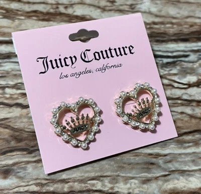 Juicy Couture Jewelry Gold Crown Heart Stud Earrings Pearl Crystal Rhinestones - Image 1 of 2