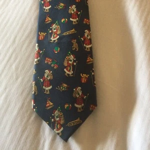 Vintage 90s Lands End Mens Tie 100% Silk Christmas Tie Santa Blue Red Yellow USA - Picture 1 of 7