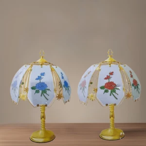 Vintage 4-Way Touch Table Lamp Floral Frosted Glass Panels with Gold Brass Base - Picture 1 of 6