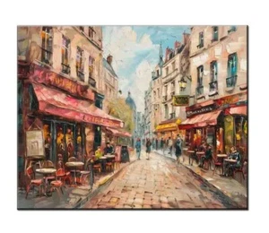 An Old Street in Paris Quaint Café Oil Painting Printed on canvas,Wall Art - Picture 1 of 8
