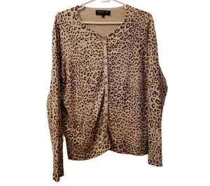 Jones New York Petite Womens Cardigan Leopard Brown Size L Sweater Classic Crew - Picture 1 of 11
