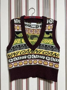 GANNI Smiley 😃 "Ganni Love" Woll Strick Pullover Weste Damen Gr. L - Bild 1 von 14