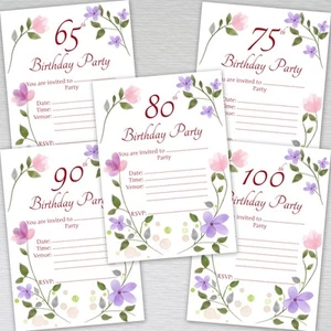 65th,75th,80th,90th,100th Female Birthday Party Invitations Invites Pack Floral - Picture 1 of 9