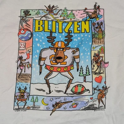 Camiseta Gráfica Arte Tela Vintage Blanca XL Blitzen Reno Navidad Navidad Vacaciones  Foto 1 de 4