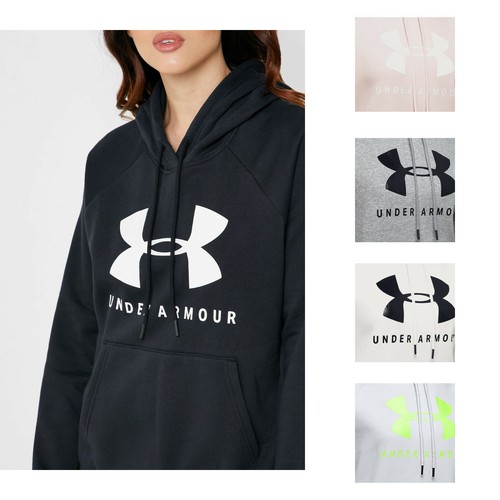 OFF WHITE Felpa con cappuccio donna Under Armour Rival pile stile sportivo logo grafico NUOVA
