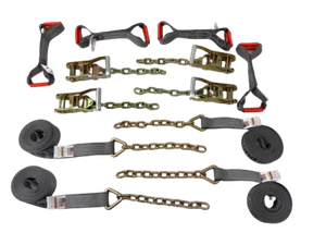 8 pt Kit 18' Grey Diamond Weave Rollback / Flatbed Car Tie-Downs w/ Chain Tails - Picture 1 of 5