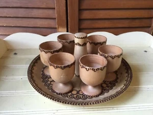 FOLK ART MADE IN POLAND CEPELIA WOOD CORDIAL SET 6 CUPS, SALT SHAKER & 8" TRAY - Picture 1 of 6