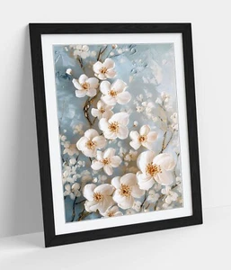 WHITE FLOWERS PAINTED ON BLUE BACKGROUND -FRAMED WALL ART POSTER PAPER PRINT - Picture 1 of 11