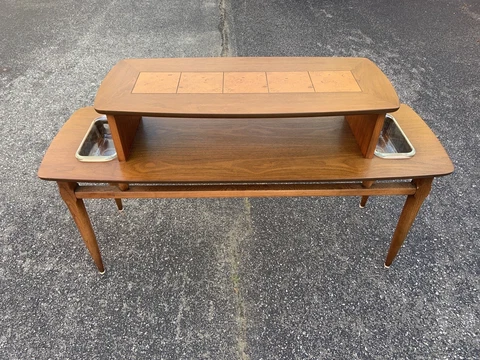 Mid century modern 1958 coffee Sofa Console table by Lane Altavista burled wood Cover