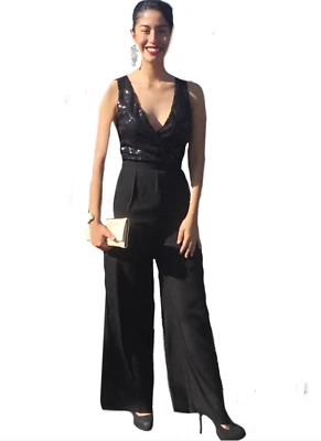 SOIEBU Mameluco Jersey Sin Mangas Piernas Anchas Lentejuelas Corpiño Una Pieza Azul Marino M Foto 1 de 4