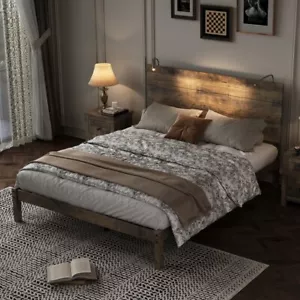 Farmhouse Wooden Platform Full Size Bed with Two Bedside Lights, Antique Walnut - Picture 1 of 13