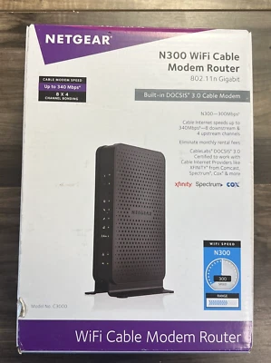 Netgear N300 C3000 340 Mbps 2.4 GHz WiFi Cable Modem Router C3000-100NAS New - Image 1 of 4