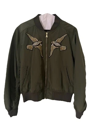 Chaqueta de bombardero Express para mujer talla S verde militar cremallera completa hasta la cadera detalles dorados Foto 1 de 4