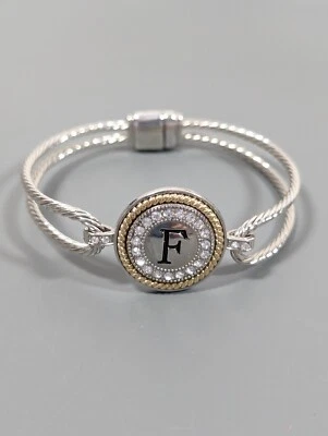 Pulsera inicial letra F monograma dos tonos cristal cable magnético 7 pulgadas Foto 1 de 4