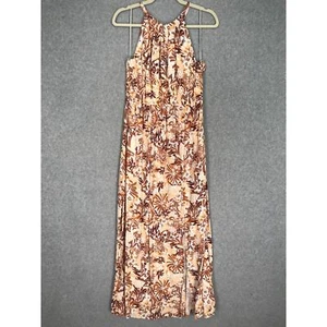 Joie Dress Medium Brown Bloom Halter Maxi Pleated Slit Neutral Sundress Resort - Picture 1 of 13