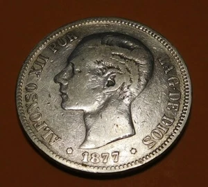 1877 Spain 5 Pesetas Crown Alfonso XII - SILVER - Bild 1 von 2