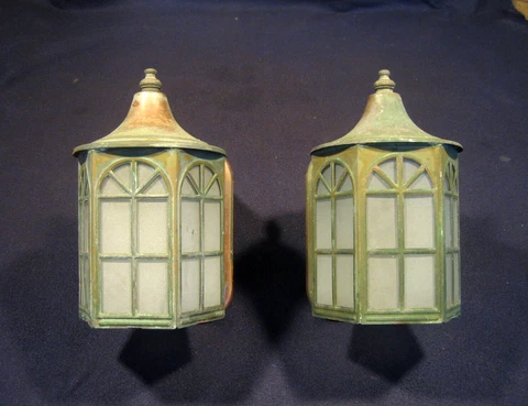 Pair Antique 1930s Arts & Crafts Witch Hat Porch Sconce Lights - Rewired Cover
