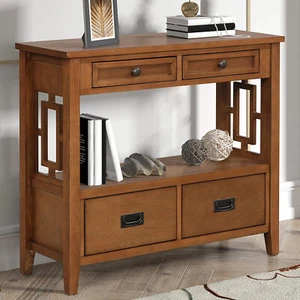 Console Table Farmhouse Wood Entryway Table w/Shelf & 4 Drawers for Living Room - Picture 1 of 25
