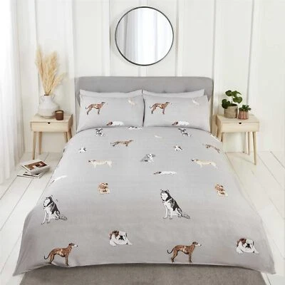 Dogs Duvet Cover Reversible Stripe Bedding Set Grey - Image 1 of 3