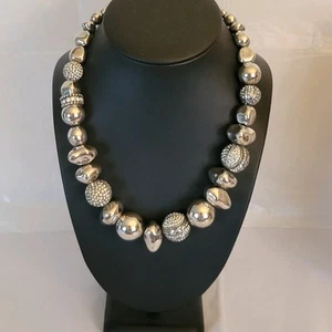 Dressy Chico's Chunky Pebble Necklace Silver Tone Crystal Accents 19 In. Adj. - Picture 1 of 6