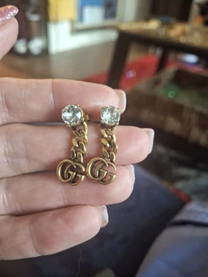 Gucci GG Marmont crystal drop earrings in aged gold-toned metal. - Image 1 of 3