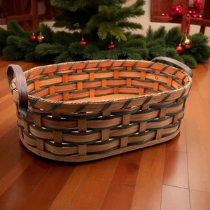 Amish Handmade Garden Gathering Basket With Solid Oak Bottom Leather Handles - Picture 1 of 17