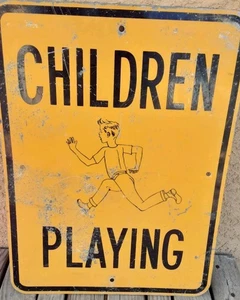CHILDREN PLAYING Vintage Steel Sign Rare HTF 24"×18" Heavy - Picture 1 of 12