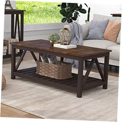  Farmhouse Coffee Table, Rustic Vintage Living Room Table 40 Inches Espresso - Image 1 of 4