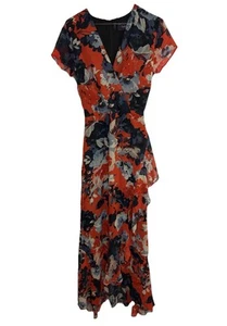 JUST TAYLOR MAXI WRAP DRESS with Tie Waist, Red Blue Floral Print,Ruffles Size 6 - Picture 1 of 19