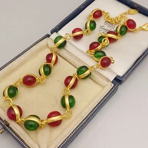 Vintage 1980s Gripoix Style Christmas Red & Green Brushed Gold Collar Necklace - Picture 1 of 5