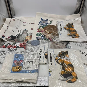 New Vintage TEA TOWEL LOT 9 CALENDAR NOS CAT BIRD FLORAL CATS KITCHEN LINEN - Picture 1 of 17