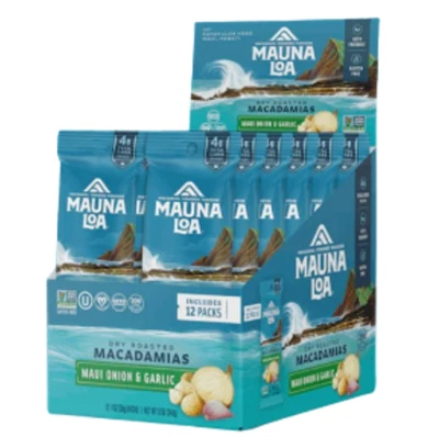 12 paquetes de bocadillos MAUNA LOA NUECES DE MACADAMIA sabor a ajo y cebolla Foto 1 de 4