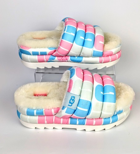 Sandali nuovi con etichette UGG Pride rosa blu logo maxi slide imbottiti pelle di pecora plateau US 8