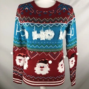 HO HO HO Santa Ugly Christmas Sweater Petite W Small Pom Poms Sequins Tinsel FUN - Picture 1 of 8