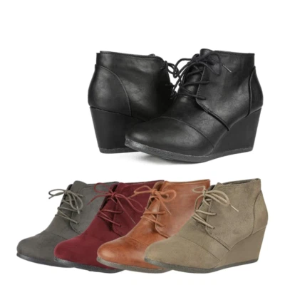 Women Ankle Boots Casual Fashion Lace Up Low Wedge Heel Booties - Image 1 of 2