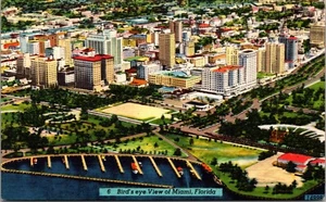 Bird's eye aerial view of Miami FLORIDA LINEN POSTCARD D16 - Picture 1 of 2