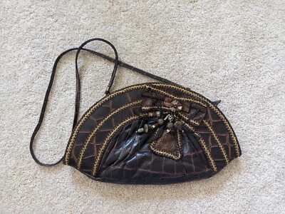 Bolso Bandolera Cartera Bolso sin asas Vintage Dove Cuero Marrón Estampado de Reptiles Arco Cuentas Foto 1 de 4