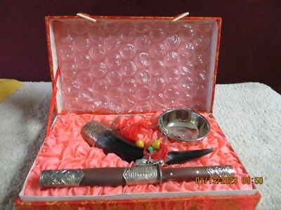 Vintage Ceremonial Asian Knife Horn & Bowl Unique Symbols With Case - Image 1 of 4