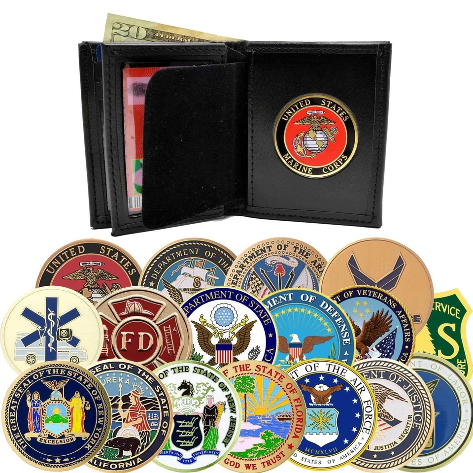 Perfect Fit Leather Bifold Wallet Mens w Medallion Military State Federal Seal - Image 1 of 4