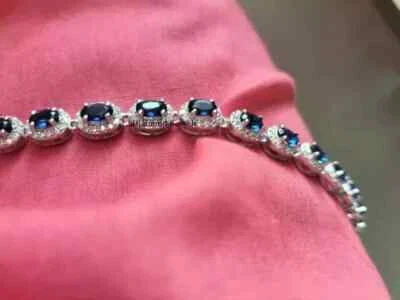 Теннисный браслет 5 карат с голубым сапфиром и бриллиантами позолота 14 карат 7 дюймов - Изображение 1 из 3