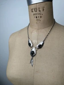 Vintage Virgil Begay VB Navajo Sterling Silver Onyx Pendant Feather Necklace 18" - Picture 1 of 10